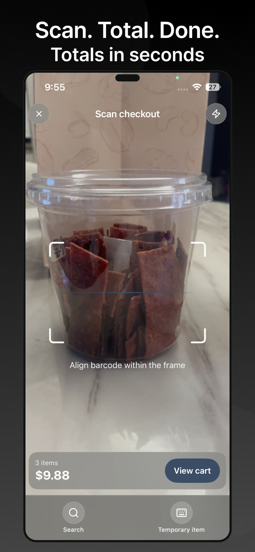 MiniStall scan-to-total screen totaling a sale from a barcode